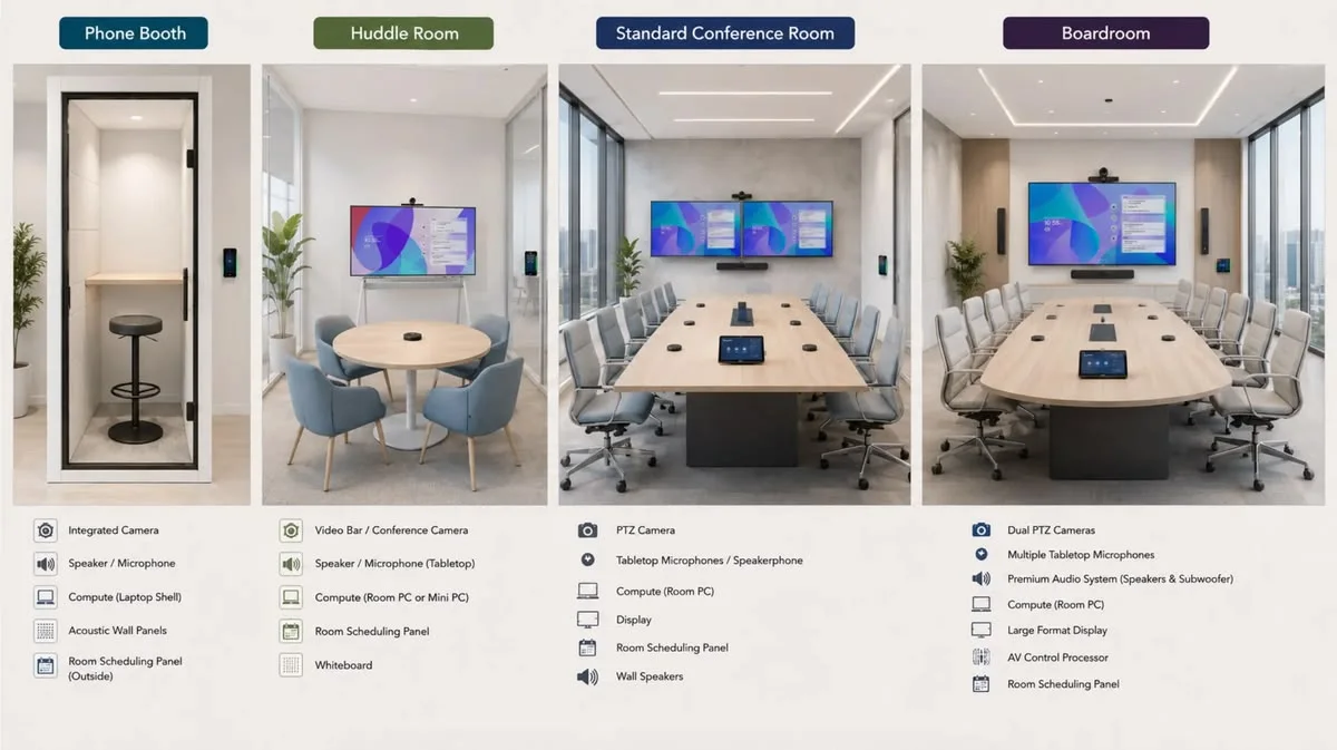 Reference illustration of focus, huddle, conference and boardroom layouts